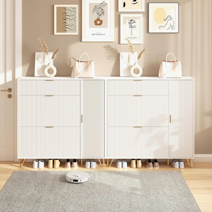 2er Set Schuhschrank mit 2 Klappen und 2 Türen, Weiss Schuhregal Schuhkipper Schmal, Anti-Kipp-Vorri