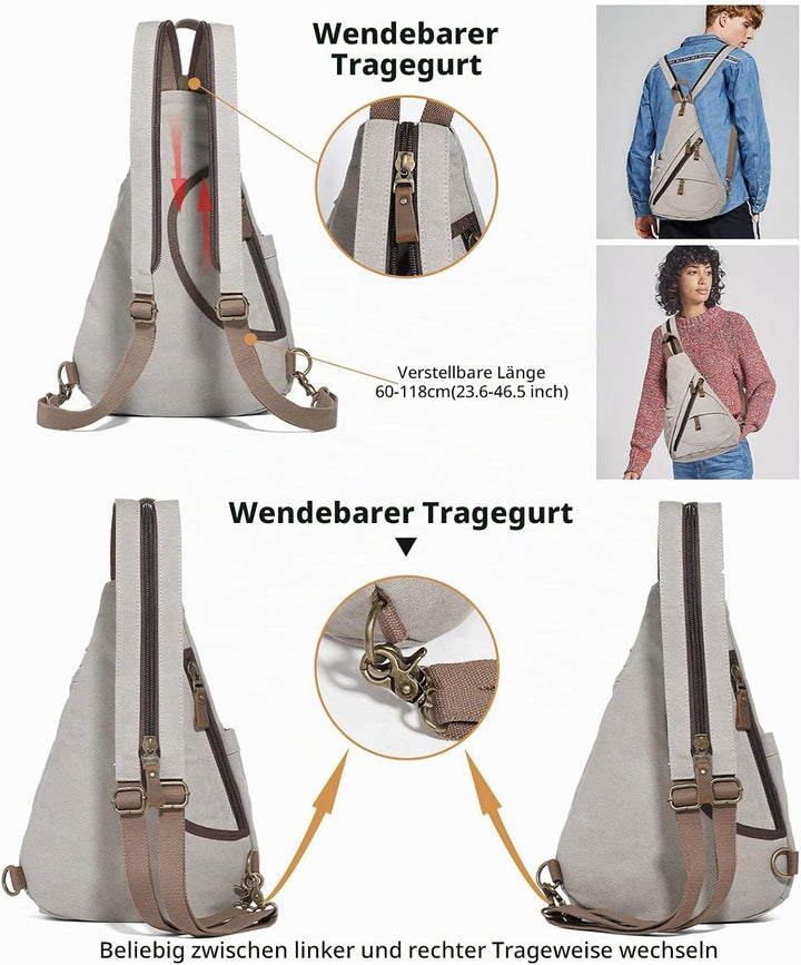 KL928 Canvas Sling Bag Rucksack Damen und Herren – Schulterrucksack Umhängetasche Crossbag Verstellb