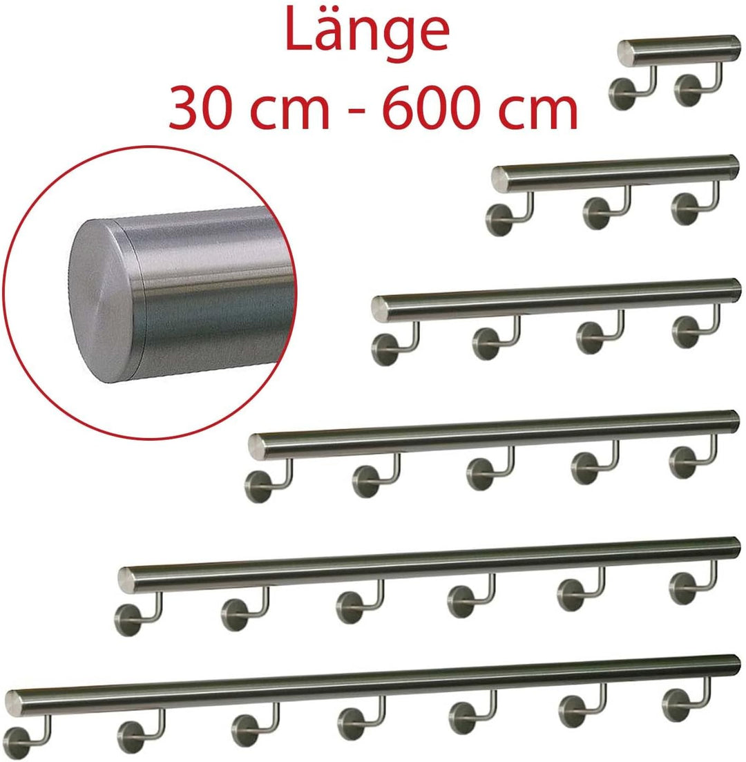 TIBU Handlauf Edelstahl 33,7 mm Geländer 0,3m - 6m, Länge 60 cm, Ende gerade Kappe und gewinkelte Ha