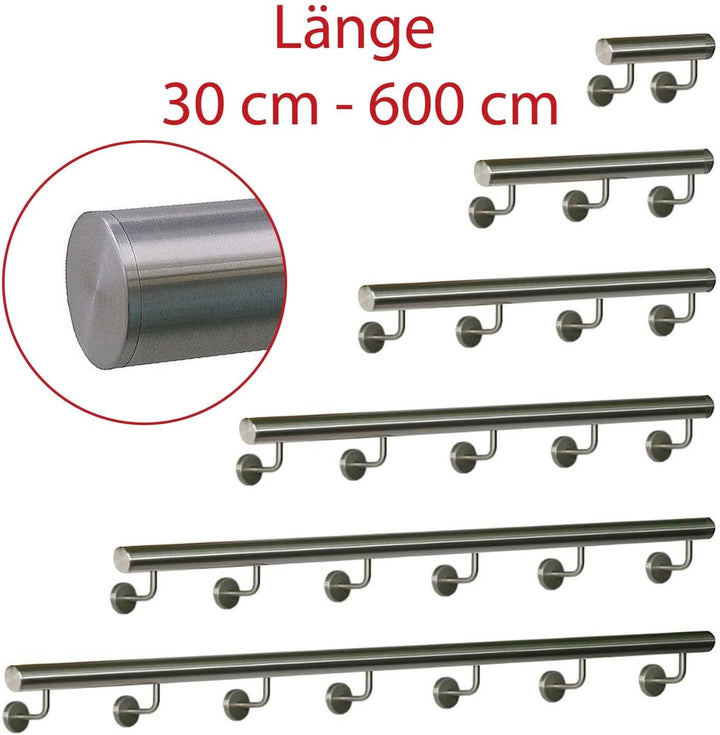 TIBU Handlauf Edelstahl 33,7 mm Geländer 0,3m - 6m, Länge 60 cm, Ende gerade Kappe und gewinkelte Ha