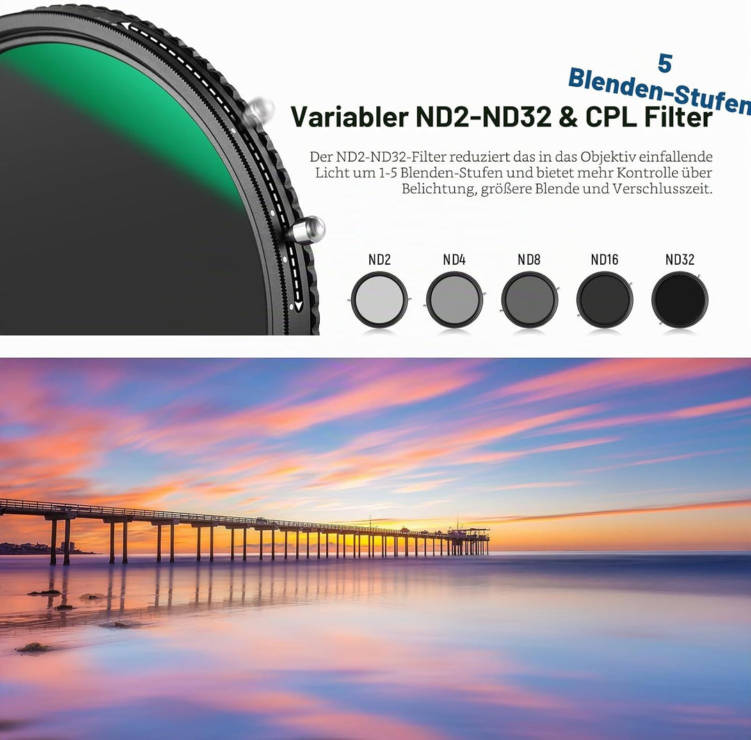 NEEWER 2 in 1 72mm Variable ND Filter ND2-ND32&amp;CPL (Zirkular Polfilter) No X Cross Variabel Graufilt