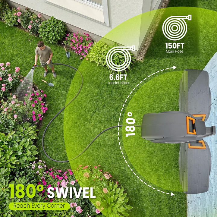 Schlauchtrommel Wasser 45m + 2m, 180° Schwenkbar Wand-Schlauchbox, Automatischer Gartenschlauch trom