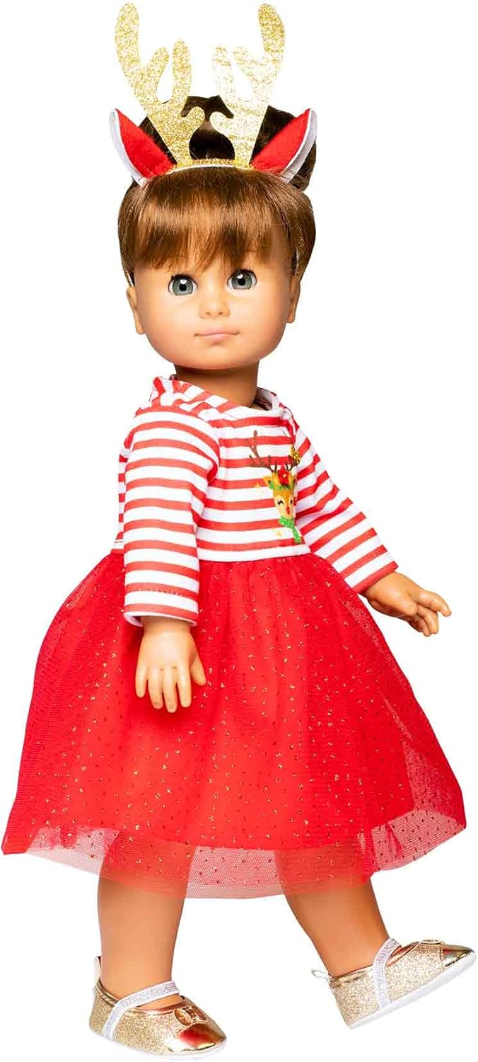 Heless 2151 - Weihnachts-Kleid für Puppen im Design Rentier Rudi, inklusive Haarband mit prachtvolle