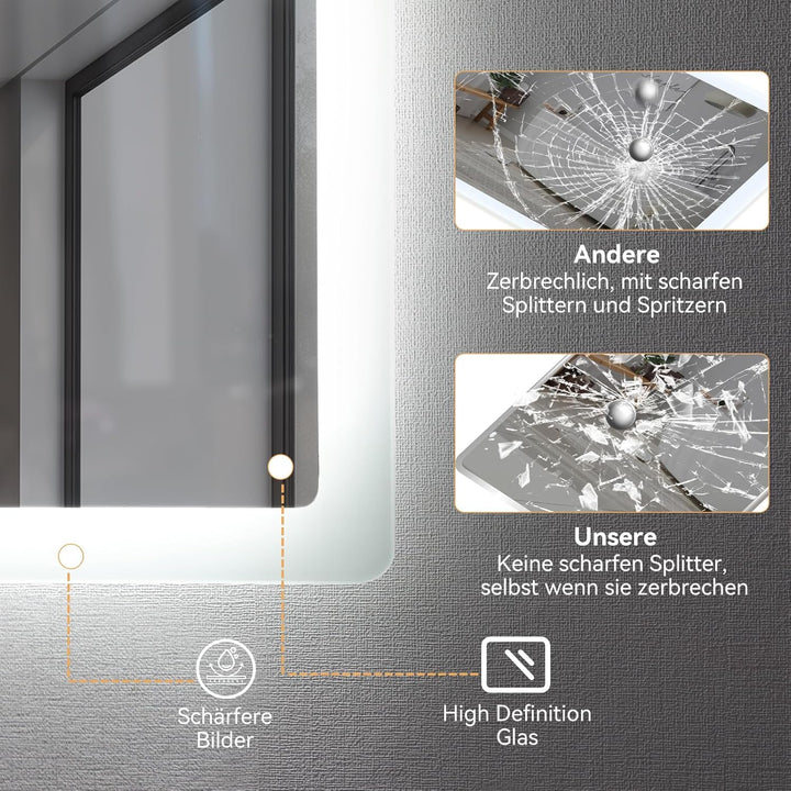 YU YUSING Badspiegel mit Beleuchtung 100x80cm Badezimmerspiegel LED mit 3 Lichtfarben Dimmbar, Besch