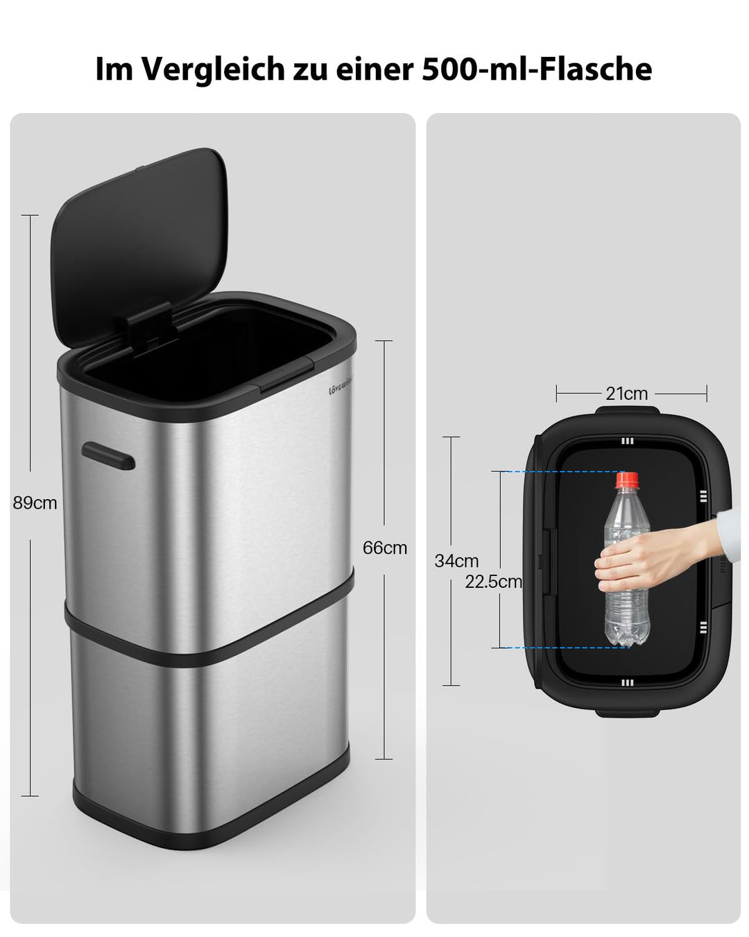 lovewind Mülleimer Küche 60L Edelstahl, Abfalleimer küche mit Deckel, Soft-Close Verschluss, Werkzeu