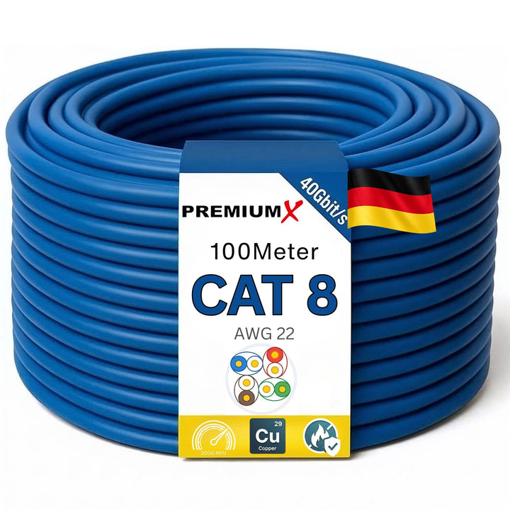 Premium X 100m CAT 8 Netzwerkkabel Simplex LAN-Kabel Ethernet Datenkabel S/FTP PiMF PoE Cca Cat8 Ins