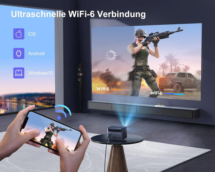 【Autofokus/Trapezkorrektur】 Beamer, 15000 Lumen WiFi Bluetooth Beamer Full HD 1080P, Heimkino Video