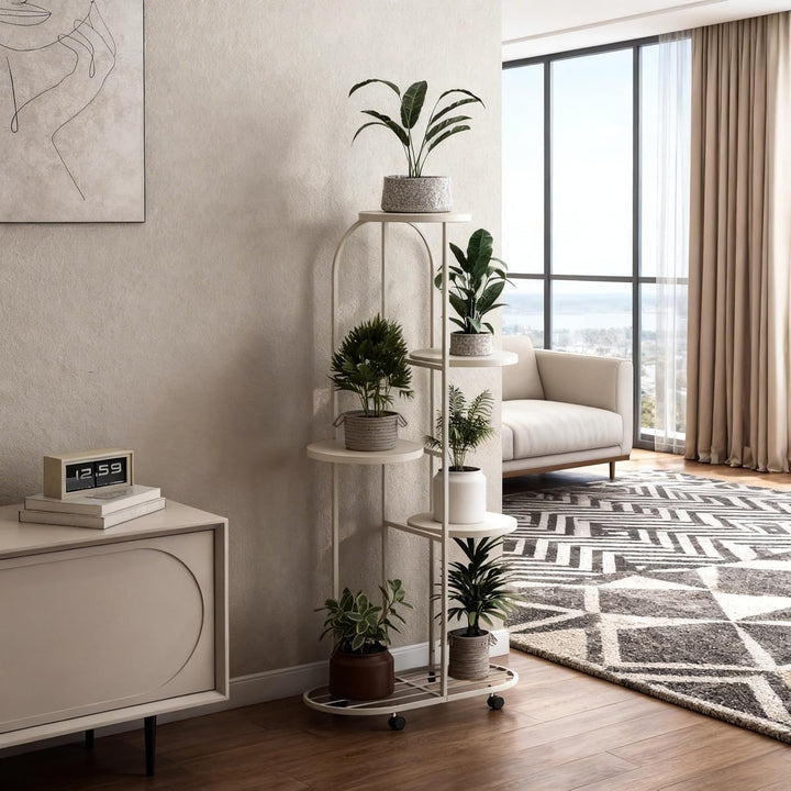 GarveeHome 5-Etagen Rollbarer Pflanzenständer, Höhenverstellbarer Blumenständer mit Rädern, Stabiler