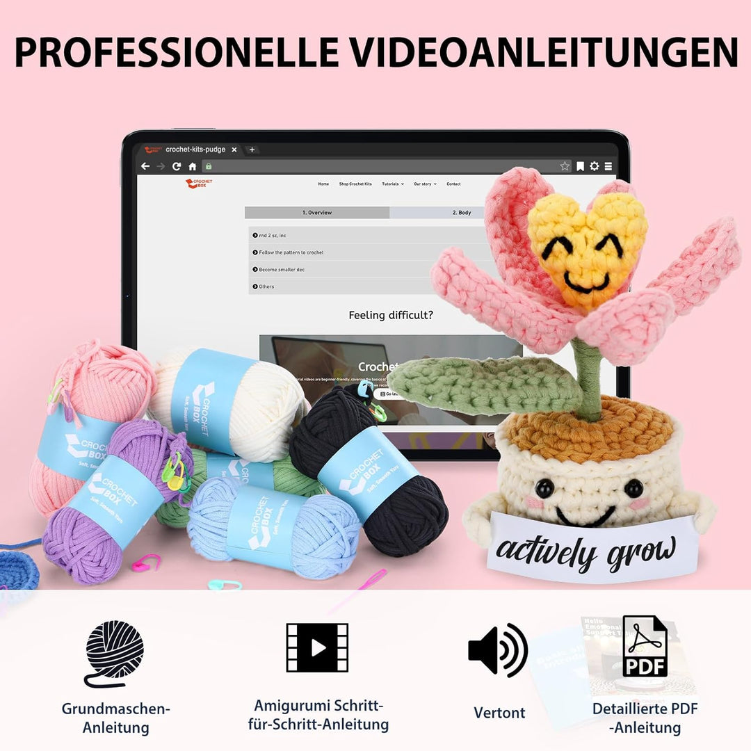 CrochetBox Komplettes Häkelset für Anfänger, Tulpen in Töpfen Häkelset, Video-Tutorial einbeziehen,