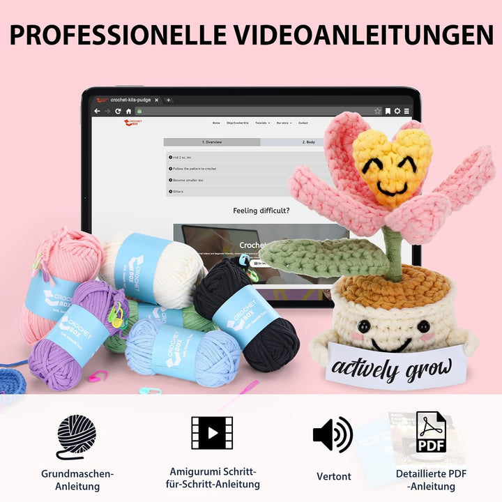 CrochetBox Komplettes Häkelset für Anfänger, Tulpen in Töpfen Häkelset, Video-Tutorial einbeziehen,