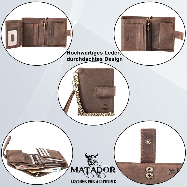 MATADOR Portmonee mit Kette Leder #Seattle mit edler Geschenkbox, Elegante Biker Geldbörse und RFID