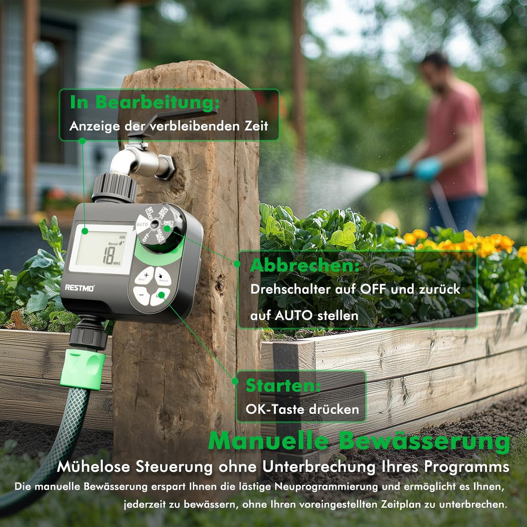 RESTMO Wasserzeitschaltuhr, programmierbare Bewässerungscomputer, funktioniert für Gartenschlauch, 3