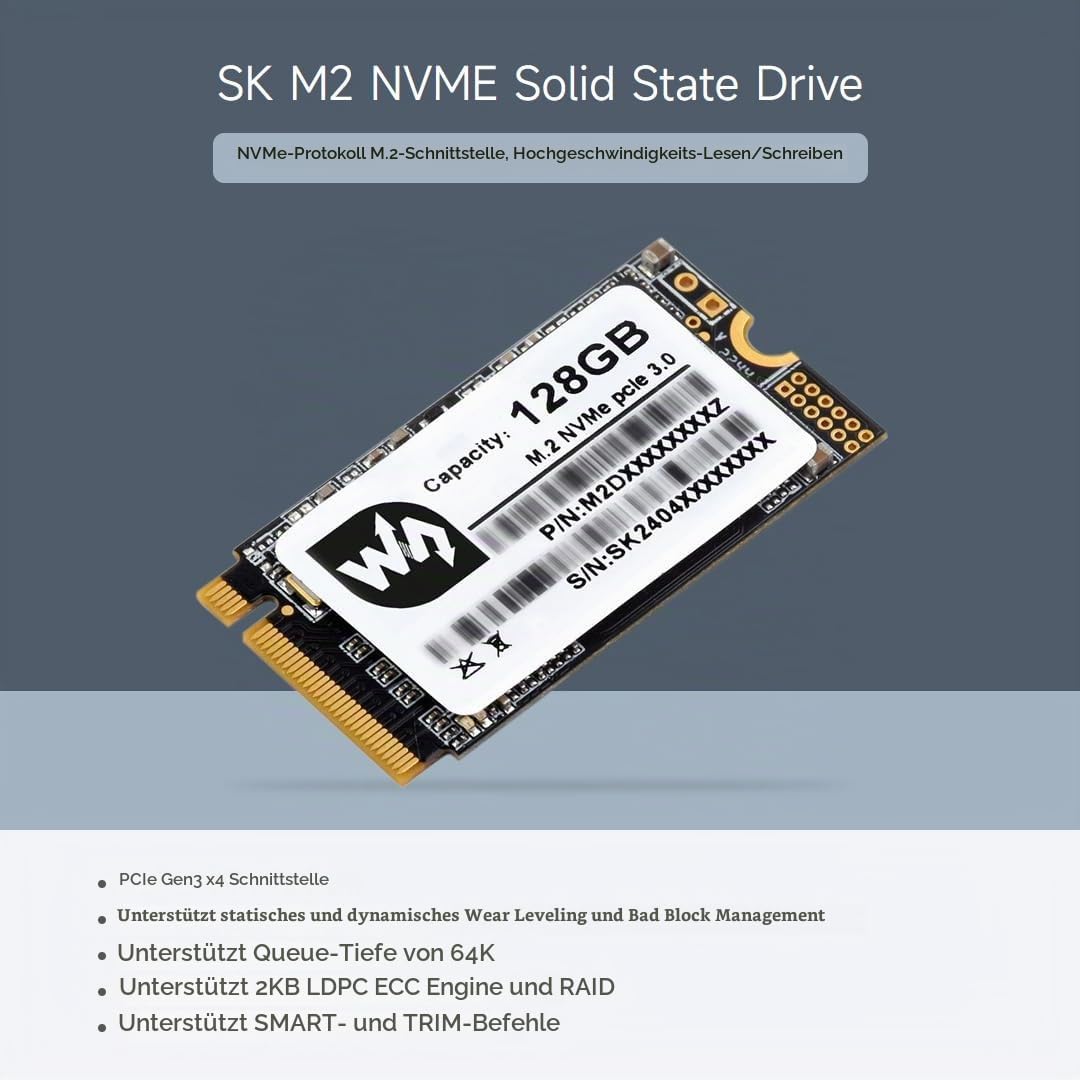 Waveshare SK M2 NVME 2242 128GB Solid State Drive, 3D TLC Flash Memory, High-Speed Reading/Writing C