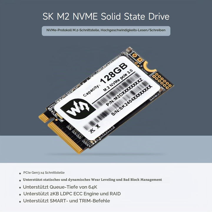 Waveshare SK M2 NVME 2242 128GB Solid State Drive, 3D TLC Flash Memory, High-Speed Reading/Writing C
