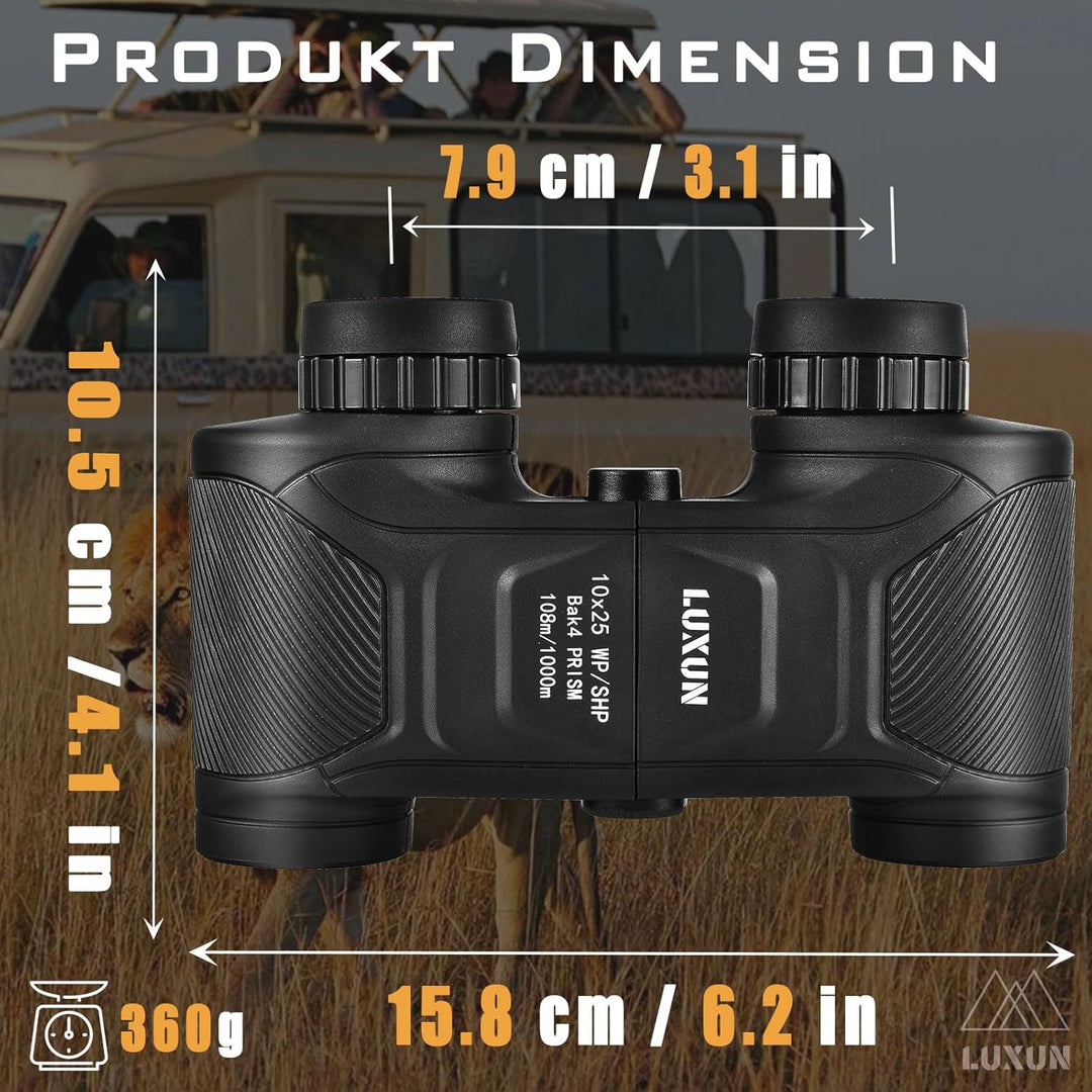 LUXUN 10x25 Fernglas für Erwachsene, Klein Fernglas mit BaK4 Prisma, IPD 58–79mm, für Vogelbeobachtu