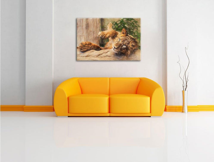 Pixxprint verspielter Kleiner Löwe als Leinwandbild/Grösse: 100x70 / Wandbild/Kunstdruck/fertig besp
