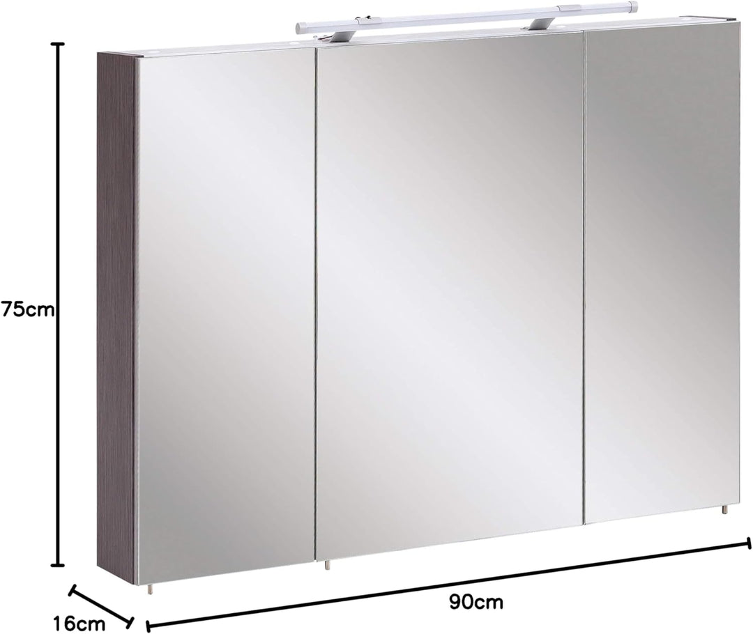 Schildmeyer Trient Spiegelschrank, Holzdekor, Esche grau Dekor, 90.0 x 16.0 x 75.0 cm, Esche Grau