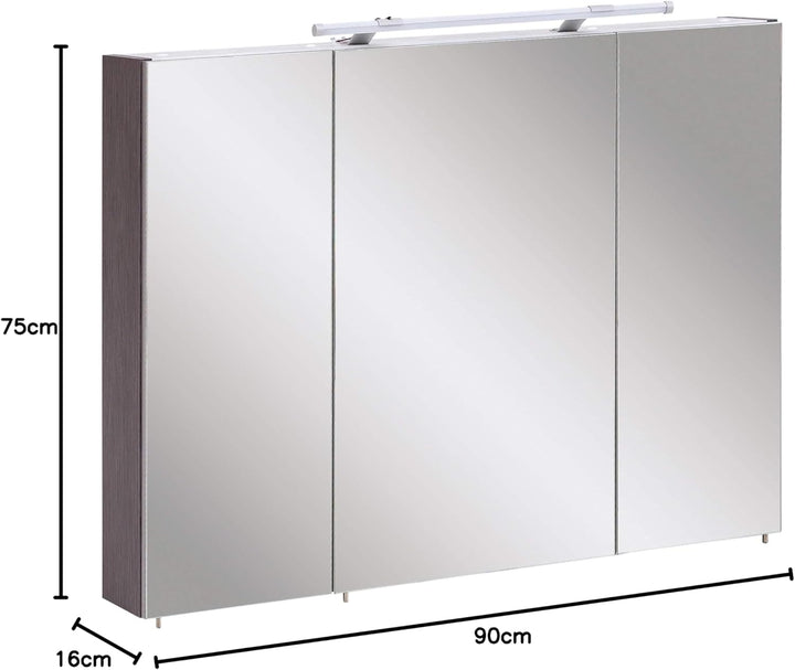 Schildmeyer Trient Spiegelschrank, Holzdekor, Esche grau Dekor, 90.0 x 16.0 x 75.0 cm, Esche Grau