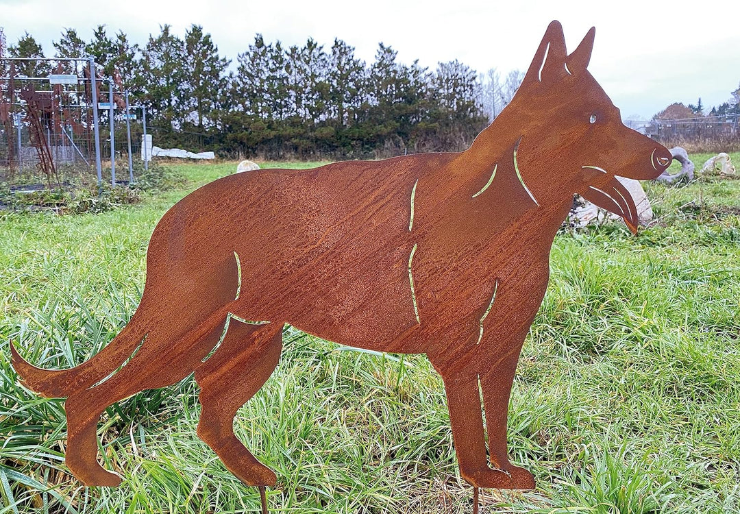 Gartenfigur Hund Schäferhund stehend 57x80cm Gartenstecker Edelrost Gartendeko Wetterfest Rost Metal