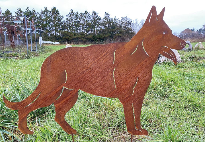 Gartenfigur Hund Schäferhund stehend 57x80cm Gartenstecker Edelrost Gartendeko Wetterfest Rost Metal
