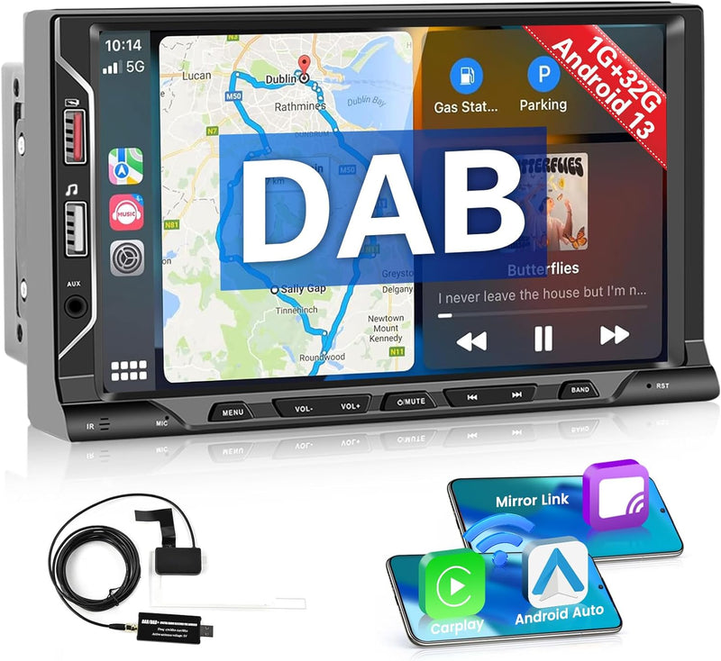 Hikity Autoradio DAB+ Doppel Din Android 11 mit Navi 7 Zoll Touch Bildschirm Apple Carplay Android A