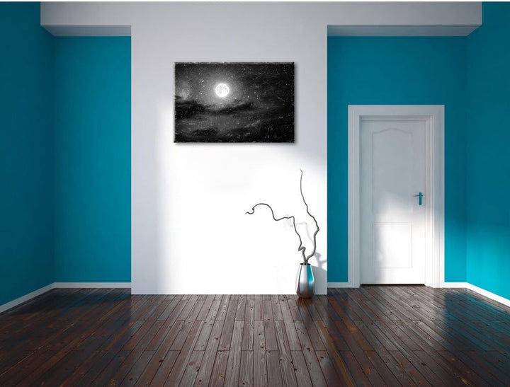 Pixxprint Leuchtender Mond am Nachthimmel als Leinwandbild/Grösse: 100x70 cm/Wandbild/Kunstdruck/fer