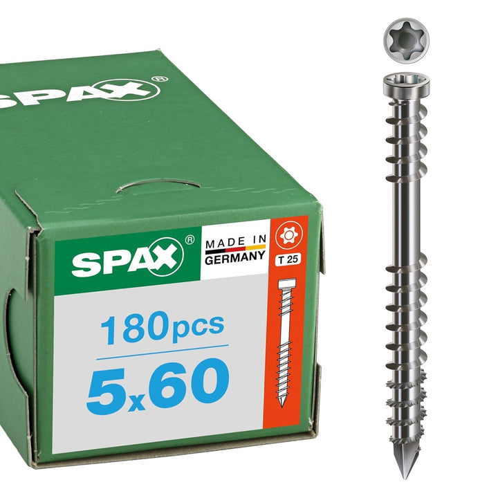 SPAX Terrassenschraube, 5 x 60 mm, 180 Stück, Fixiergewinde, Zylinderkopf, T-STAR plus T25, CUT, Ede