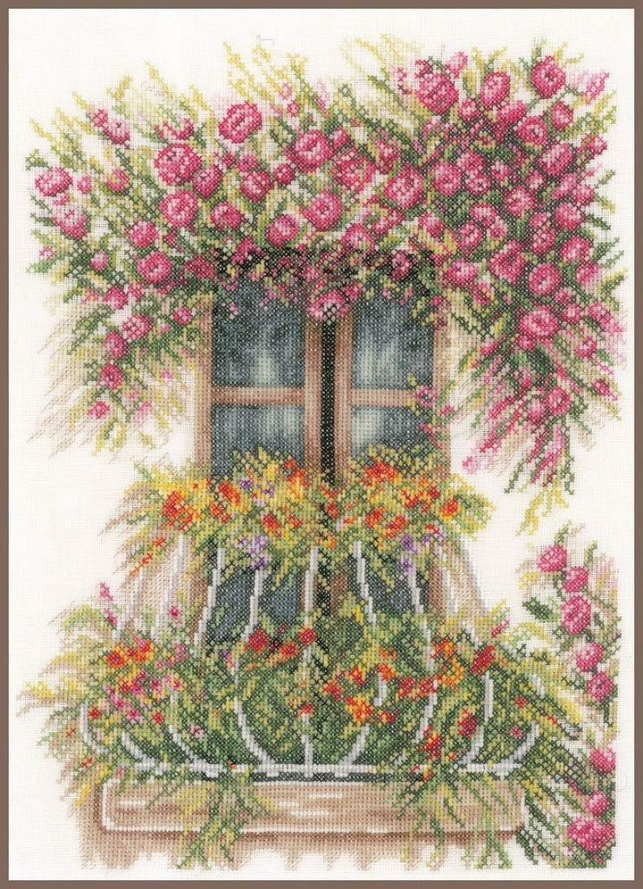 Lanarte Kreuzstichset Fenster geschmückt mit Blumen, Kreuzstichpackung mit Zählmuster, Baumwolle, Me