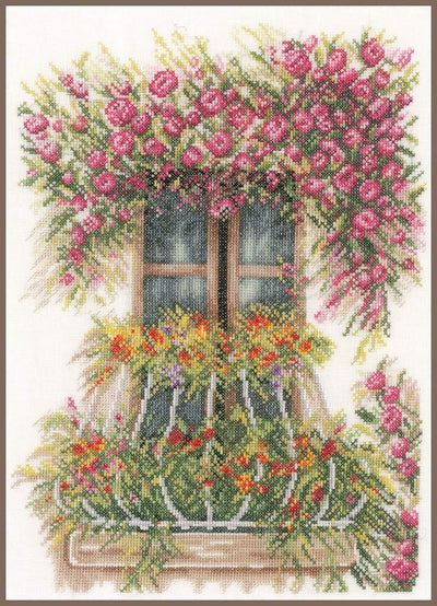 Lanarte Kreuzstichset Fenster geschmückt mit Blumen, Kreuzstichpackung mit Zählmuster, Baumwolle, Me