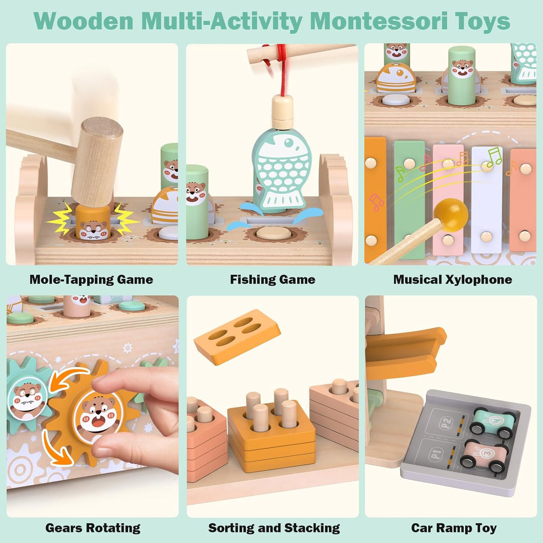 Holz Montessori Spielzeug für Kleinkinder 1-3 Jahre, Baby Hammerbank mit Xylophon &amp; Angelspiel, Auto
