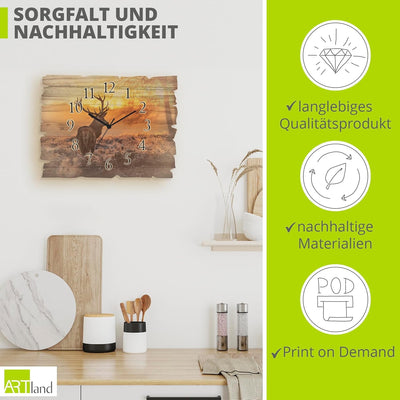 ARTLAND Wanduhr ohne Tickgeräusche aus Holz Funk Uhr lautlos 40x30 cm Rechteckig Landschaft Hirsch T