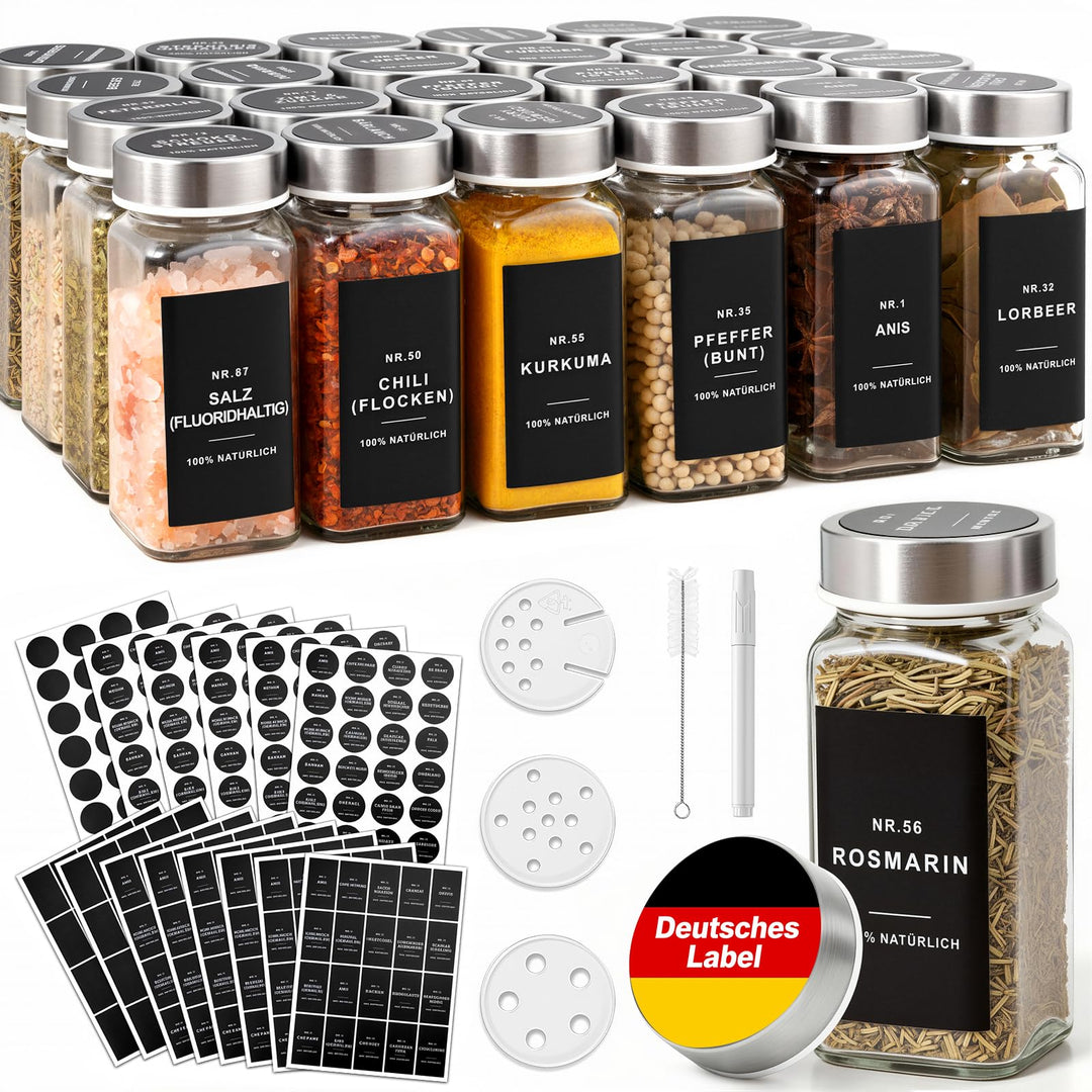 Gewürzgläser eckig mit Edelstahl Deckel Set 24er :120 ml Gewürzdosen Glas mit Etiketten & Streueinsa