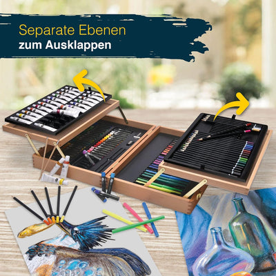 Artina 127tlg Malset Bologna XXL Künstler Set mit FSC Holz Malkoffer – Acrylfarben, Aquarellfarben,