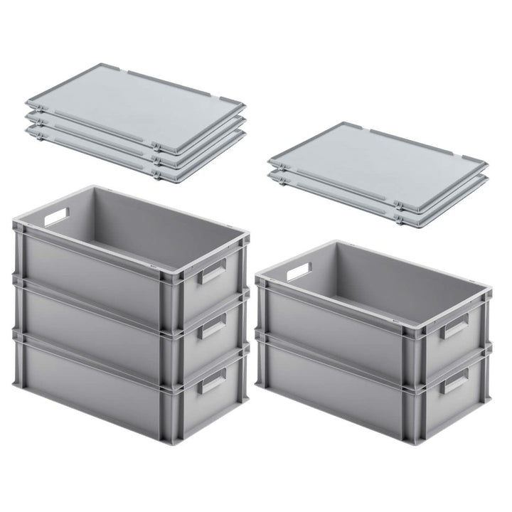 PROREGAL SuperSparSet 5x Eurobehälter mit offenem Griff & Scharnierdeckel | HxBxT 17,5x40x60cm | 30