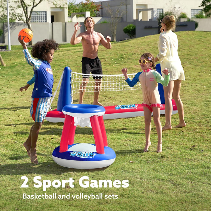 JOYIN Aufblasbare Pool Float Set, Volleyballnetz & Basketballkörbe & Bälle für Kinder und Erwachsene