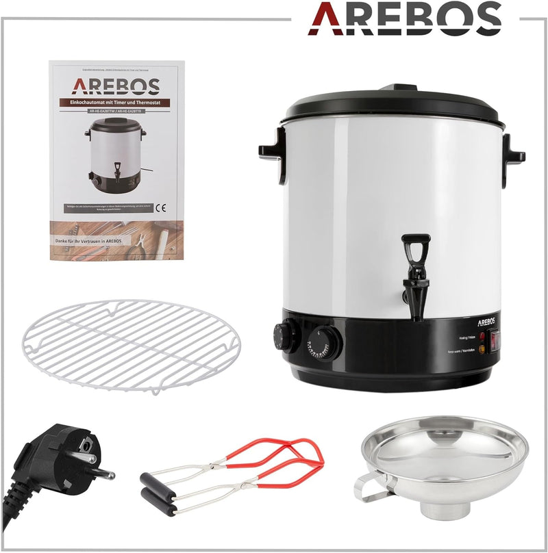 Arebos Einkochautomat 1800 W | Einkochtopf 28 L | mit Timer, Thermostat & Überhitzungsschutz | stufe