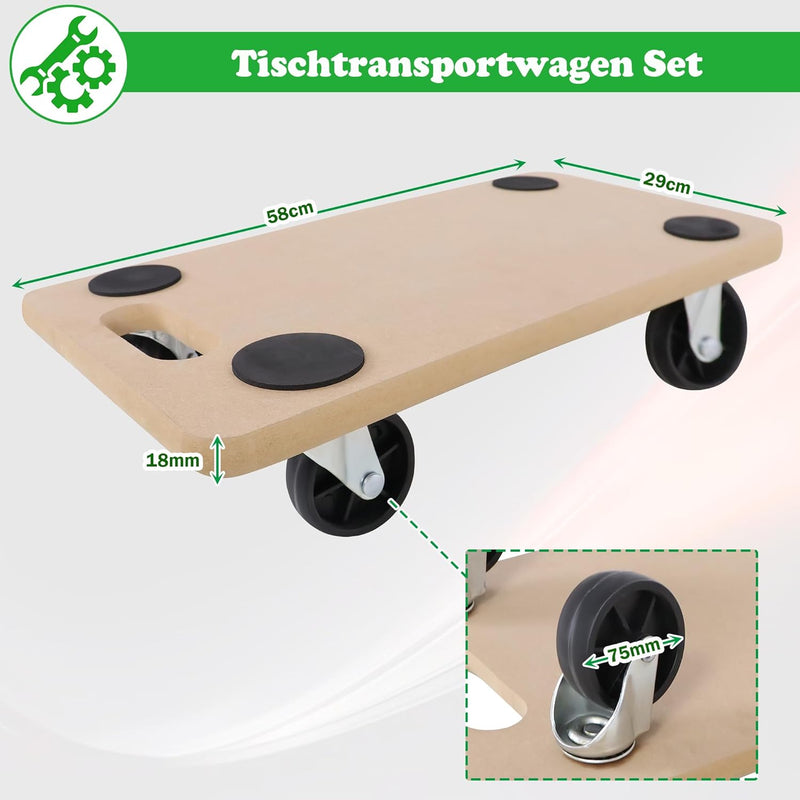 SUBTLETY Rollbrett Transportwagen Transporthilfe mit Rollen 58x29x11cm Tischtransportwagen Möbelroll