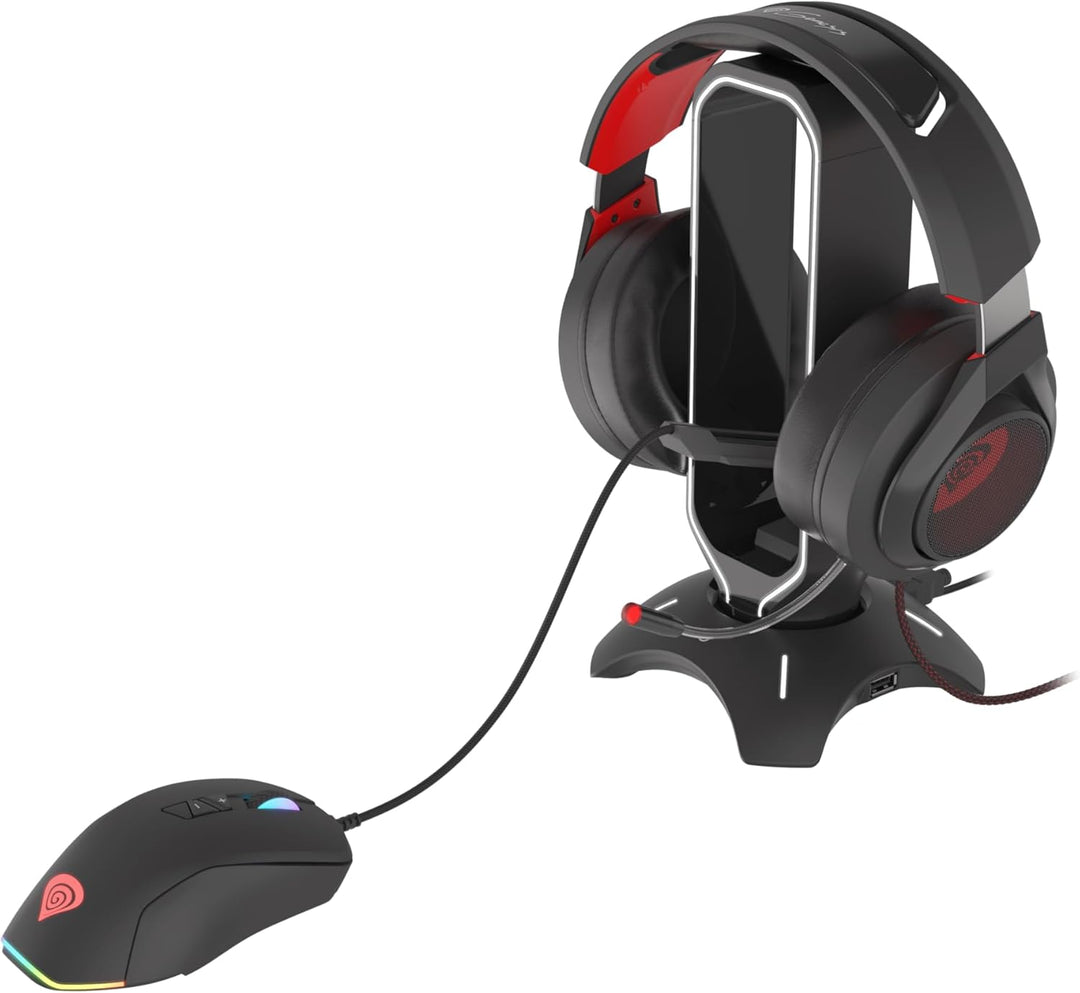 Genesis RGB Kopfhörerständer mit Mouse Bungee und USB Hub, Gaming Headset Halter mit 2X USB 2.0, Kab