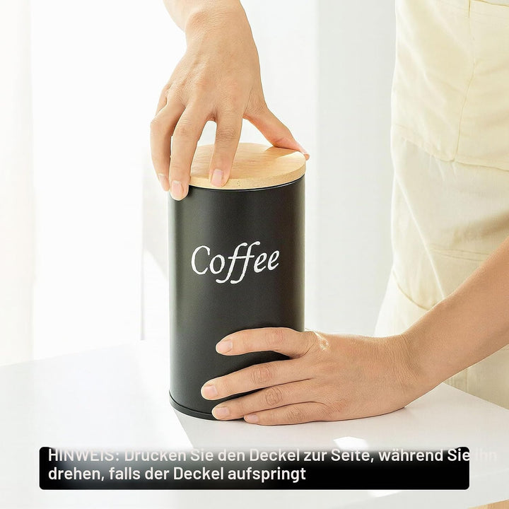 2 Stück Kaffeedose luftdicht, schwarz Kaffeepads Aufbewahrung, mit Holzdeckel, Löffel, 500ml, für Ka