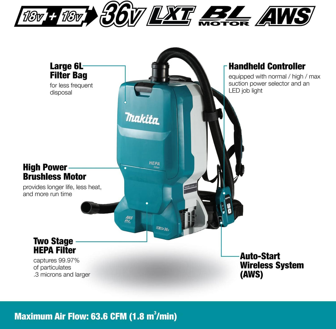 Makita 36 V => 2 x 18 V li-ION 110 MBAR Kanister Vakuumreiniger - Ohne Batterie - DVC665Z - Türkis