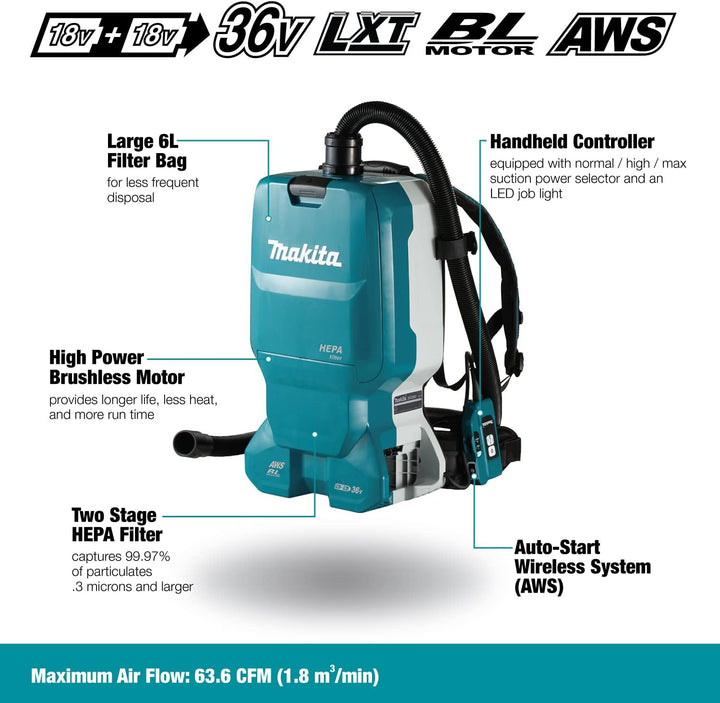 Makita 36 V => 2 x 18 V li-ION 110 MBAR Kanister Vakuumreiniger - Ohne Batterie - DVC665Z - Türkis