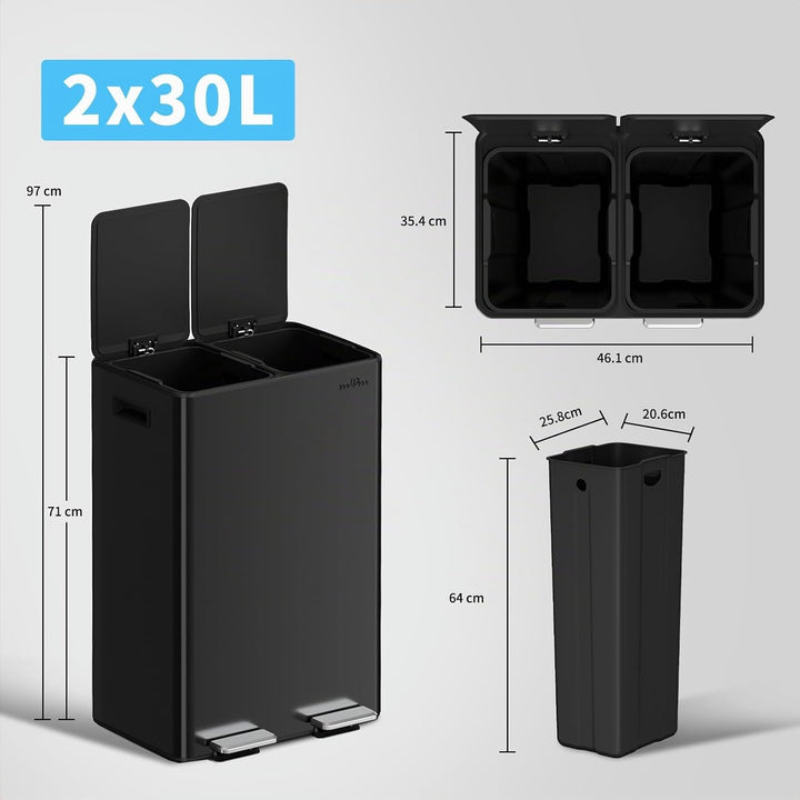 mVm Mülleimer Küche,60 Liter Treteimer,2 x 30 Liter Treteimer, 2 Fächer, Mülltrennsystem, Abfalleime