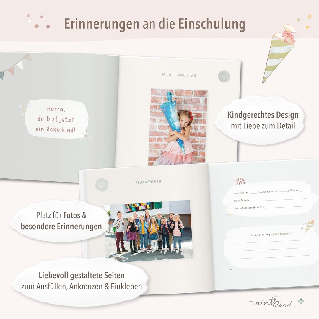 mintkind® Gästebuch Einschulung Boho, Einschulungsbuch mit Regenbogen, Erinnerungsbuch 1. Schultag,