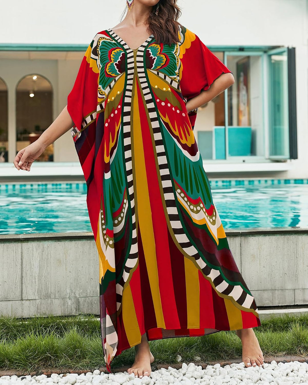 Bsubseach Lose Kaftan Kleider für Frauen Kurzarm Badeanzug Cover Up Casual Urlaub Outfits Rot Schmet