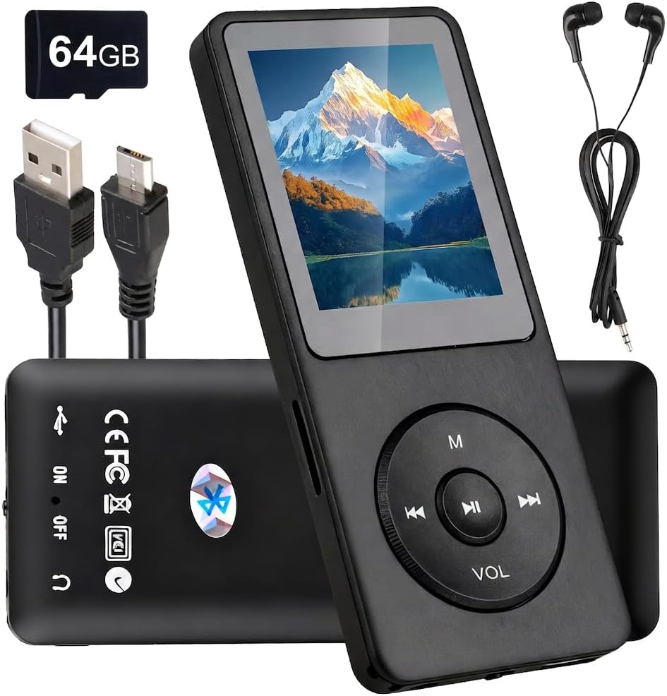 MP3 Player Bluetooth 5.3 mit 64 GB Speicher, 1,8" TFT Farbdisplay, Integriertem Lautsprecher, HiFi M