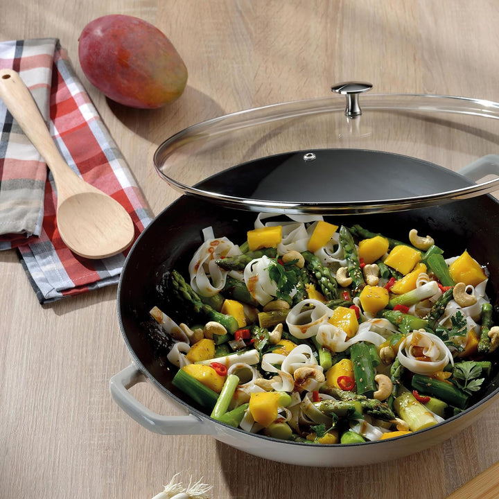 Kela Wok Calido, Ø 36 cm, 4 L, Gusseisen, hellgrau, Allherdboden, rau emailliert, Glasdeckel mit Ede