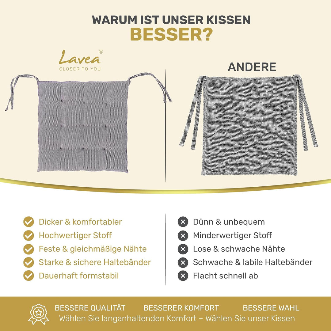 Lavea® Sitzkissen &amp; Stuhlkissen 40x40 cm – 4er Set – mit Stoffbändern – Outdoor &amp; Indoor – waschbar
