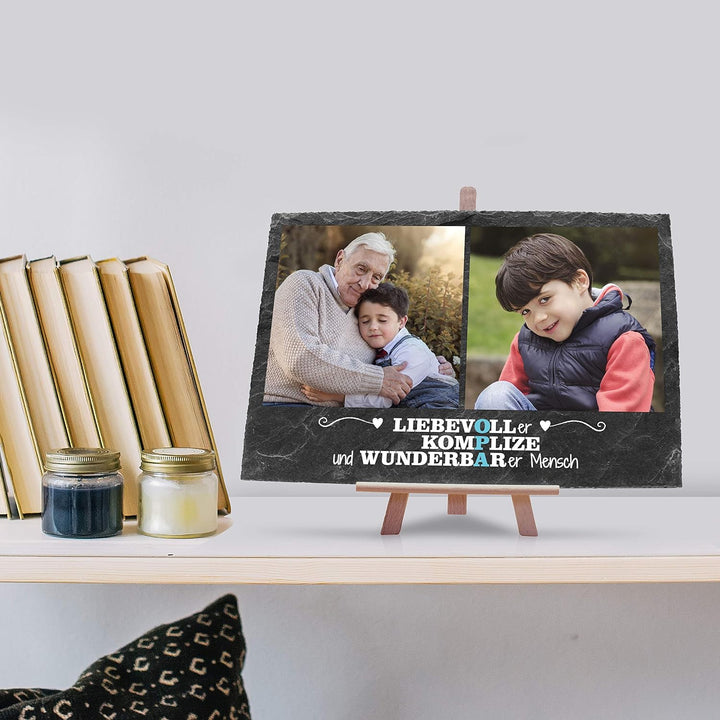 wandmotiv24 Schiefertafel Bester Opa mit Holz-Staffelei, Personalisiert mit 2 Farb-Fotos, Digitaldru