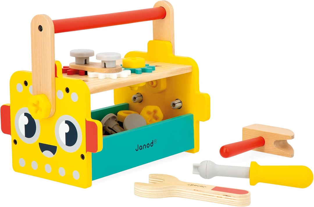 Janod - Mein erstes Konstruktionsspiel - Roboter-Werkzeugkasten - 30 Zubehörteile - Rollenspiel - Fö