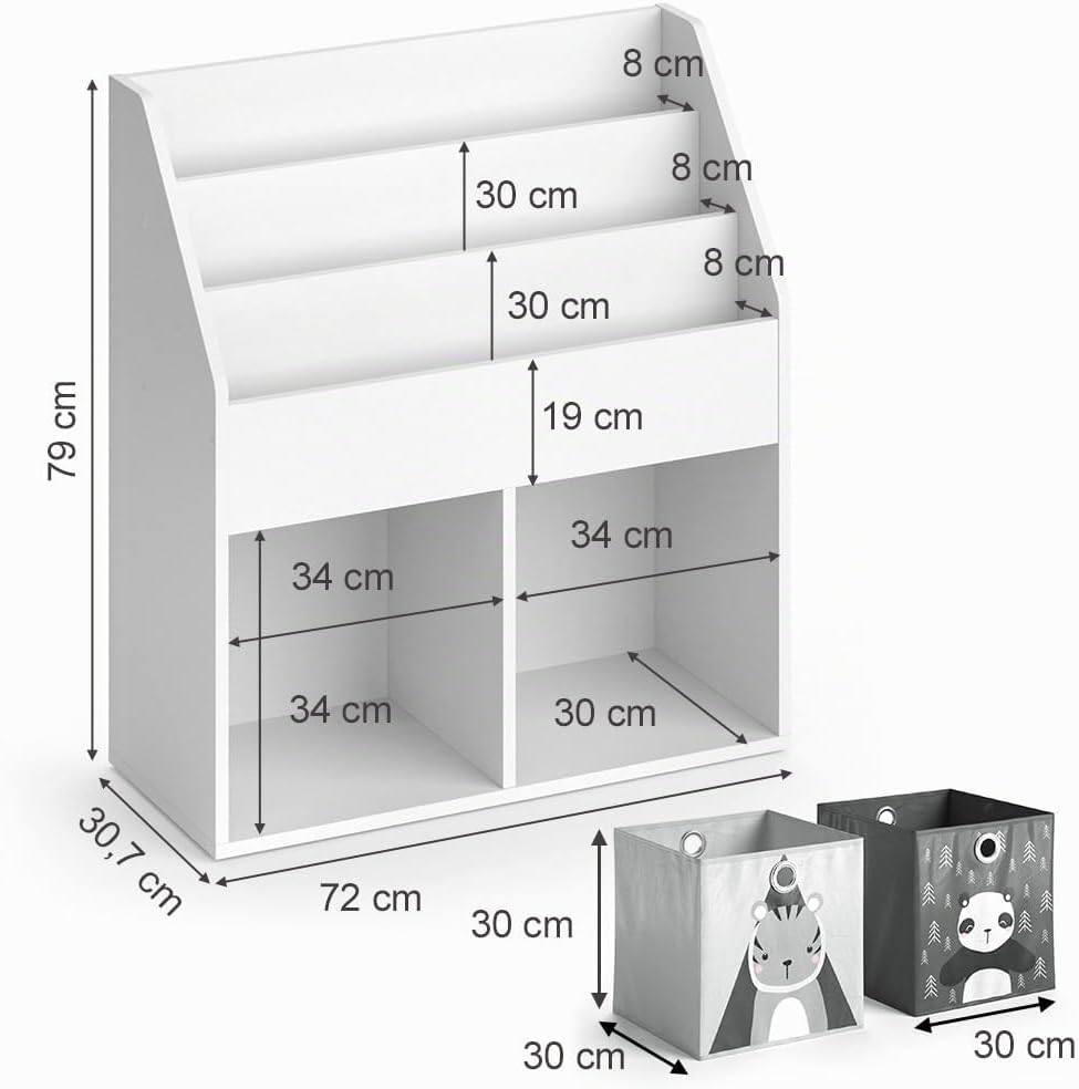 Vicco Kinderregal Luigi, Weiss, 72 x 79 cm mit 2 Faltboxen Opt.5, zur Aufbewahrung von Büchern und S